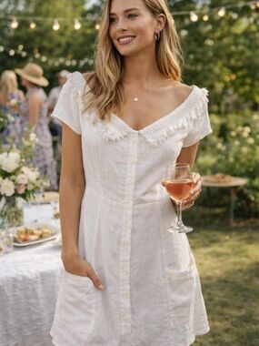 REFORMATION White Button-Front Linen Mini Dress with Fringe V-Neck • 2